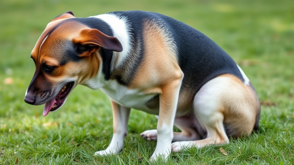 Dog scratching behind ear with hind leg, sitting outdoors on grass, showing signs of skin irritation or discomfort