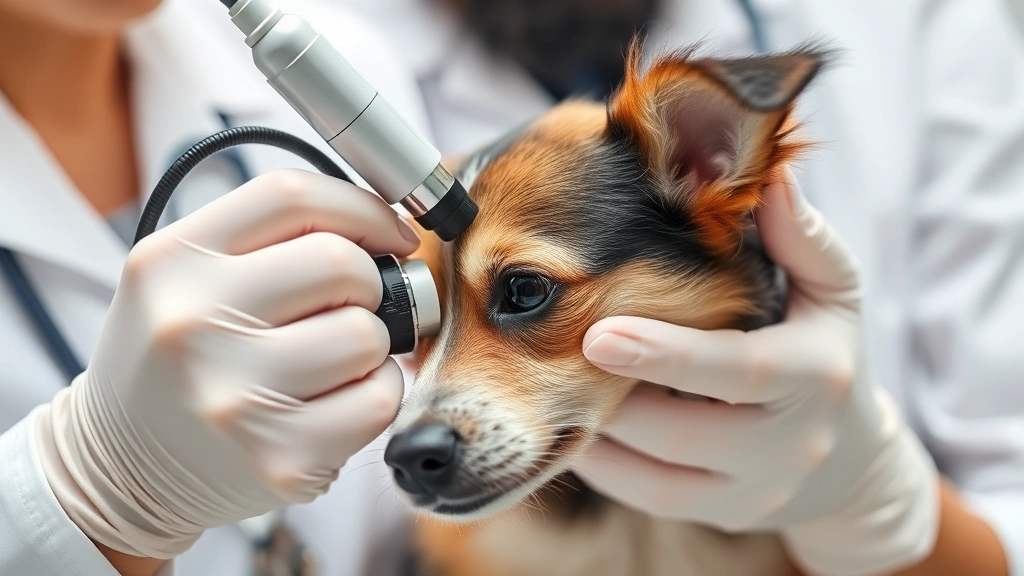 A veterinarian gently examining a small dog's eye with specialized equipment in a clinical setting, professional and caring interaction, no text
