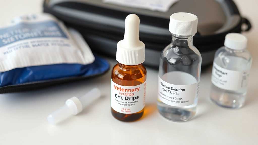 Bottle of veterinary eye drops next to a warm compress and sterile saline solution arranged on a clean surface, no text or labels visible