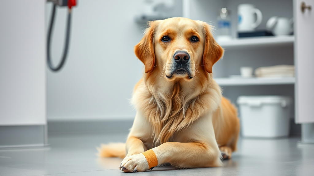 Golden retriever with small bandage on paw sitting calmly, veterinary care setting, soft lighting, no text no words no letters