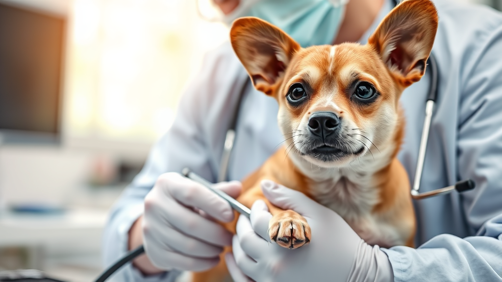 Veterinarian examining small dog wound with professional medical tools in bright clinic setting no text no words no letters