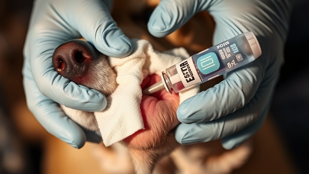 Close-up of a dog's wound being gently cleaned with sterile gauze and saline solution, hands wearing medical gloves, warm lighting
