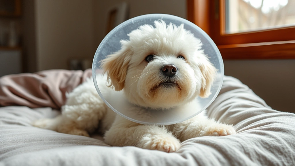 Fluffy white dog wearing a protective cone collar, lying on a comfortable bed, looking peaceful and calm, natural daylight from window