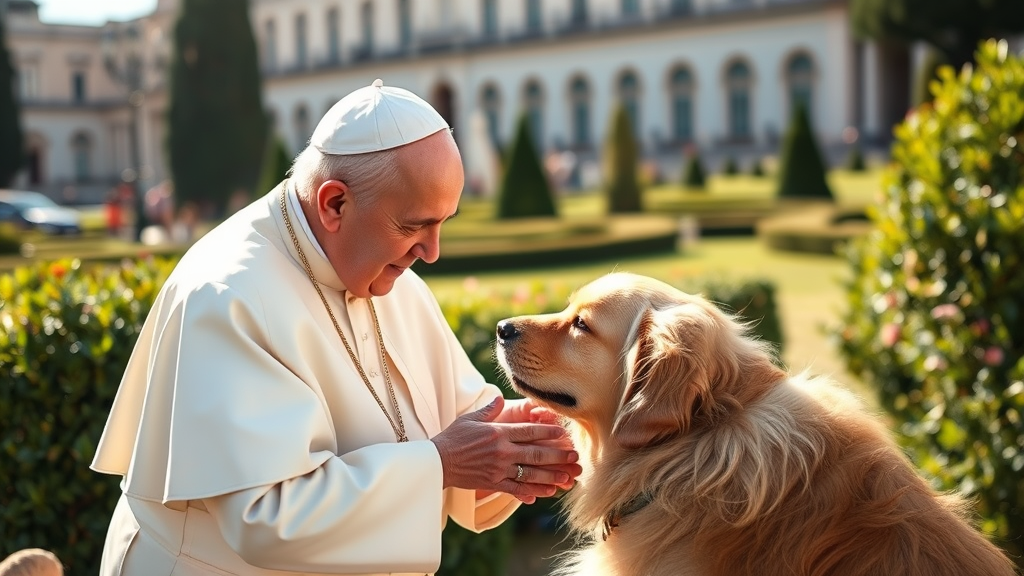 Pope Francis gently petting a golden retriever in Vatican gardens, warm sunlight, peaceful atmosphere, no text no words no letters