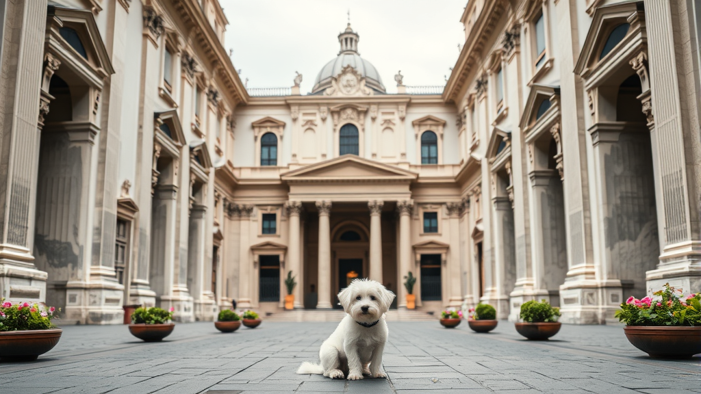 Small white dog sitting peacefully in ornate Vatican courtyard surrounded by classical architecture, no text no words no letters