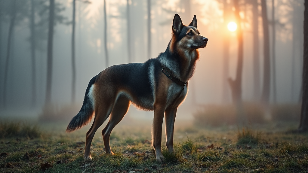 Majestic hunting dog standing proudly in misty forest clearing at dawn, no text no words no letters
