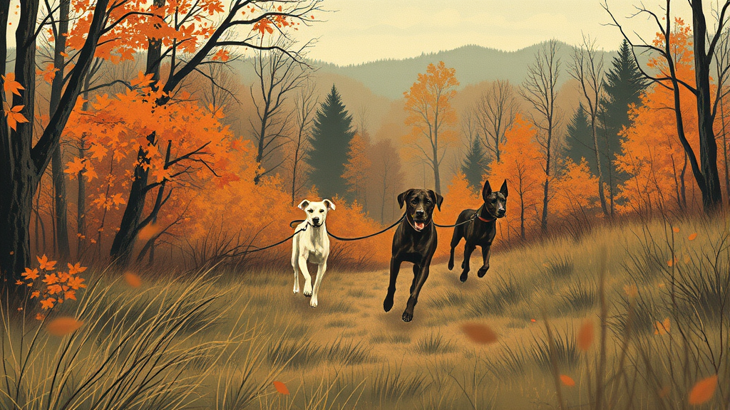 Vintage illustration style hunting hounds tracking through autumn woodland landscape, no text no words no letters