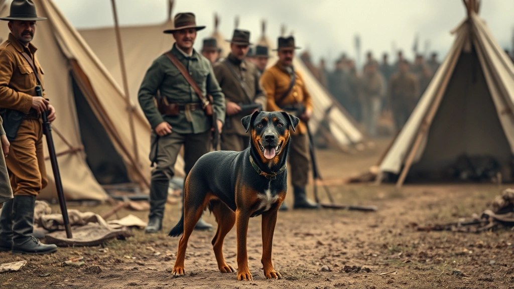 Civil War era dog standing alert beside uniformed soldiers in an army encampment with tents and wagons, photorealistic historical scene