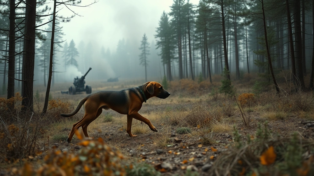 Bloodhound tracking scent across a wooded battlefield landscape with smoke and artillery pieces in distant background, photorealistic military setting
