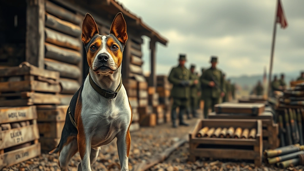 Brave terrier standing guard at a Civil War supply depot with wooden crates and ammunition boxes, soldiers in period uniforms nearby, photorealistic scene