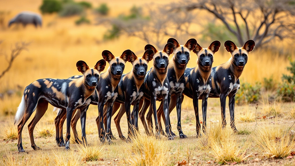 A pack of African wild dogs standing together in formation on African savanna, alert and watchful, with warm golden grass and trees in background