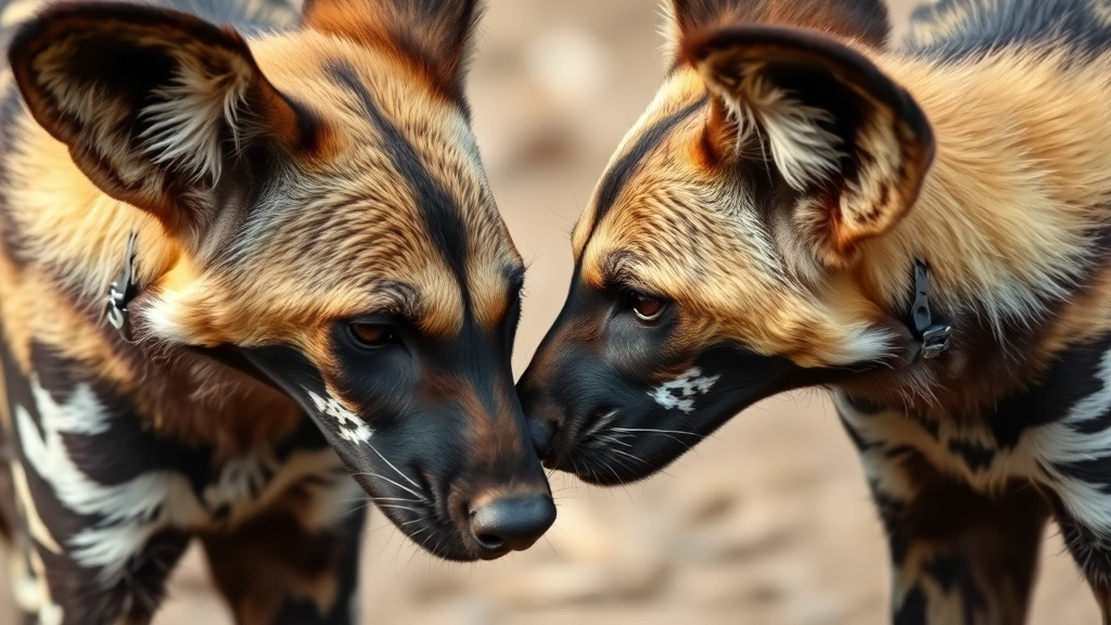 Close-up of African wild dog pack members interacting affectionately, showing social bonding and communication through body language and proximity
