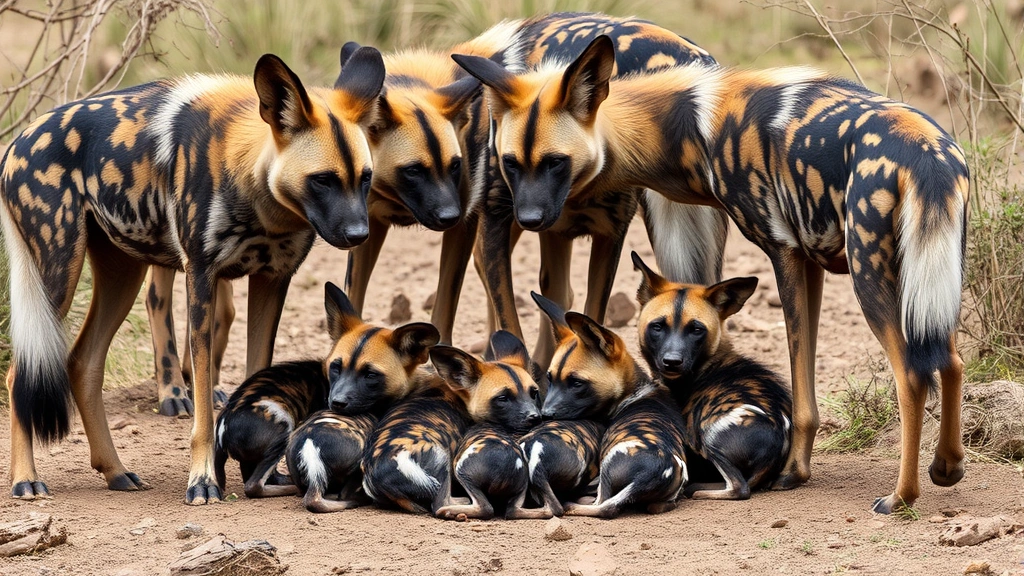 African wild dog mother nursing pups surrounded by attentive pack members standing guard, demonstrating collective care and protection in natural habitat