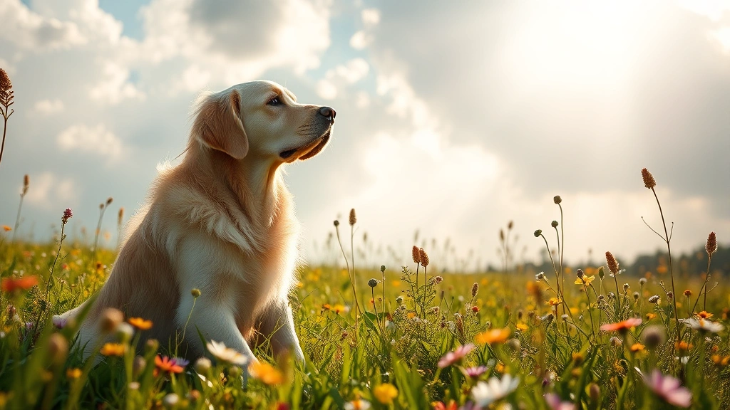 Golden retriever sitting peacefully in a sunlit meadow surrounded by wildflowers, gentle light rays streaming through clouds above, serene and ethereal atmosphere