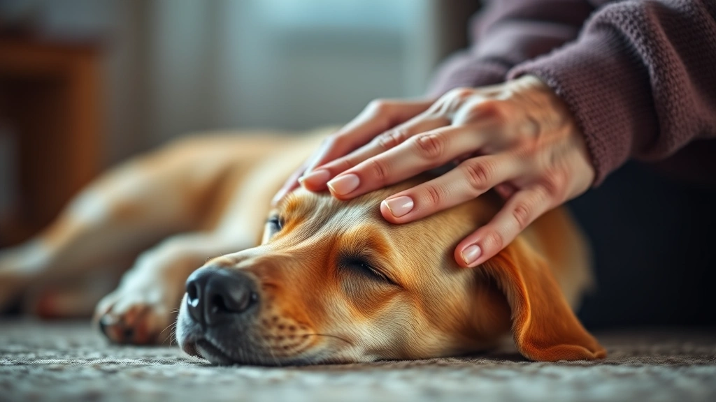 Elderly person's hands gently petting a sleeping dog's head, warm indoor lighting, emotional connection moment, soft focus background, intimate companionship