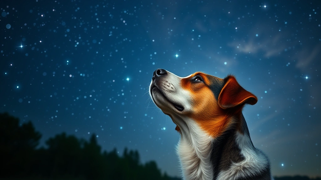 Dog gazing upward at starry night sky with peaceful expression, cosmic light and constellations visible, peaceful and spiritual mood, nature setting
