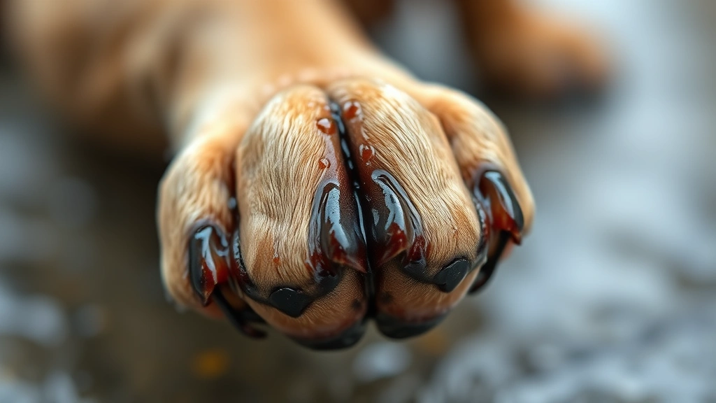 Close-up of a wet Labrador Retriever's paw showing visible webbing between toes, photorealistic detail, shallow depth of field