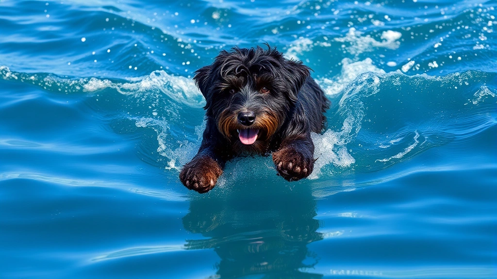 Portuguese Water Dog swimming powerfully through blue water with paws extended, capturing the dog mid-stroke, realistic water droplets
