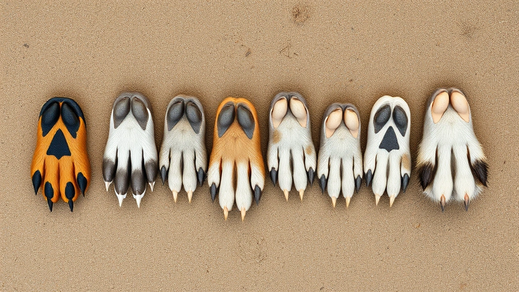 Overhead view of different dog paws lined up on sand, including webbed and non-webbed varieties, showing anatomical differences clearly