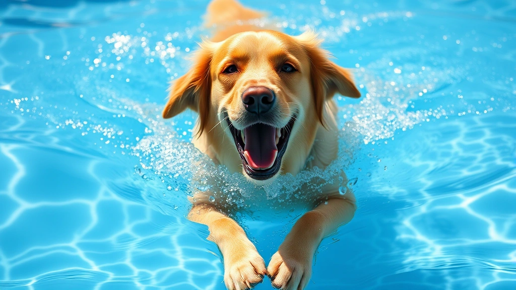 Golden Retriever swimming joyfully in a sparkling blue pool, water splashing around its face, captured mid-paddle with pure happiness