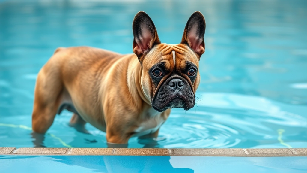 French Bulldog standing at the edge of a pool looking nervous and uncertain, shallow water visible, anxious body language