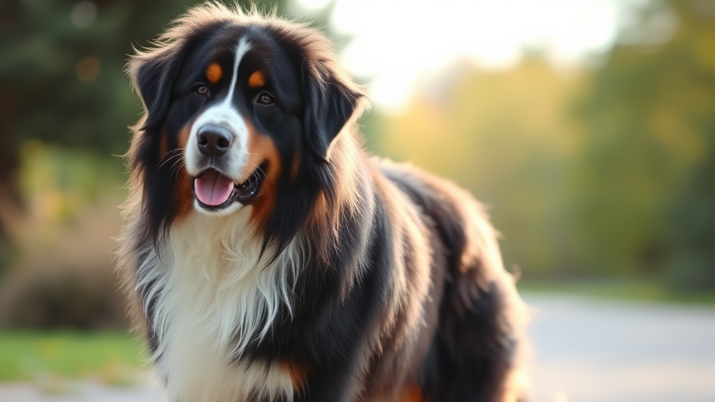 Beautiful Bernese Mountain Dog with thick fluffy coat standing outdoors in natural lighting, no text, no words, no letters