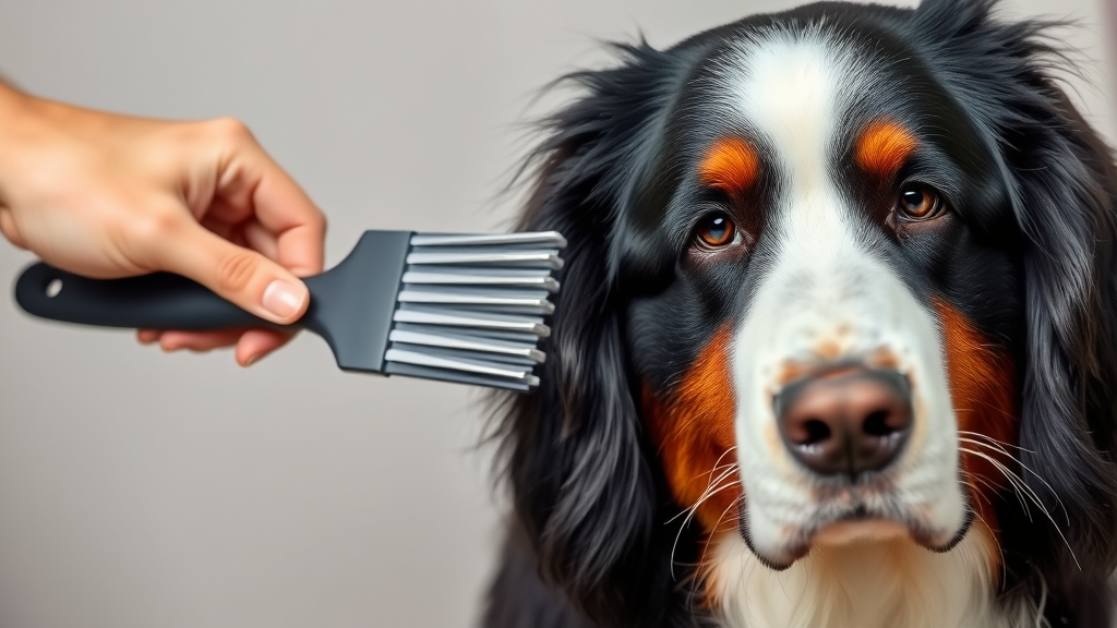 Bernese Mountain Dog being gently brushed showing proper grooming technique, no text, no words, no letters