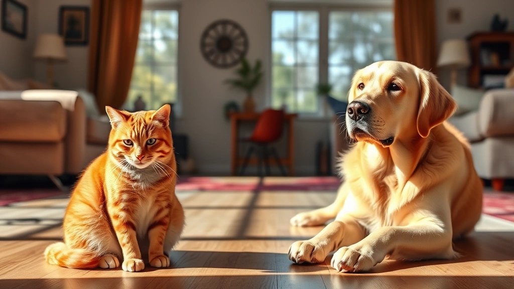 A calm orange tabby cat and a golden retriever sitting peacefully on opposite sides of a sunny living room, both relaxed and comfortable with each other
