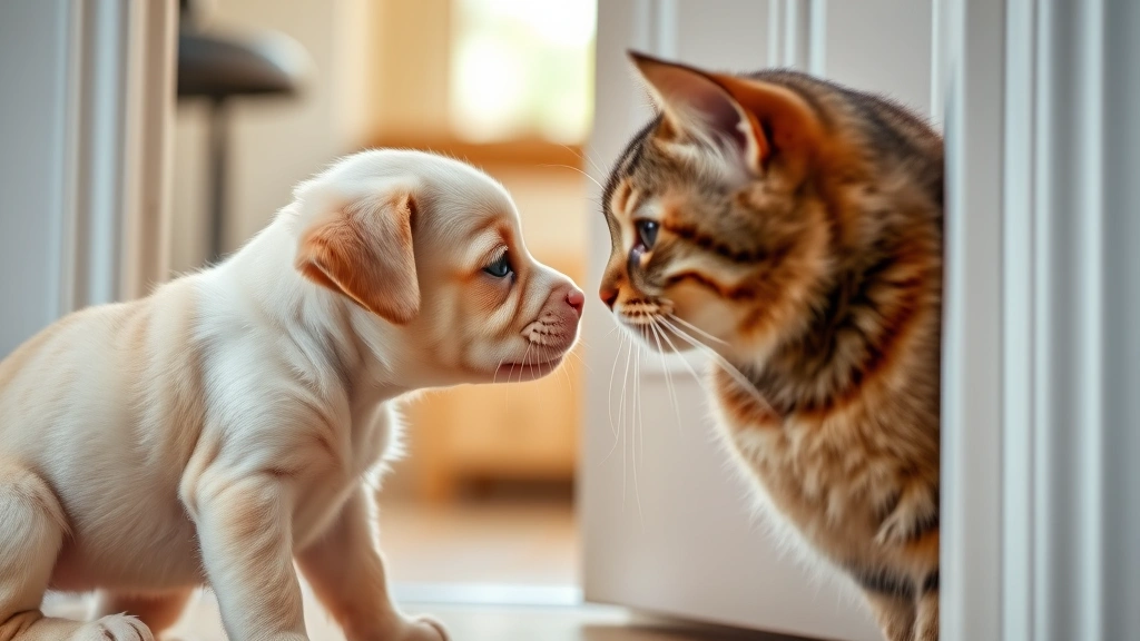 A curious puppy and an adult cat meeting nose-to-nose through a partially opened doorway, both animals showing calm, inquisitive body language