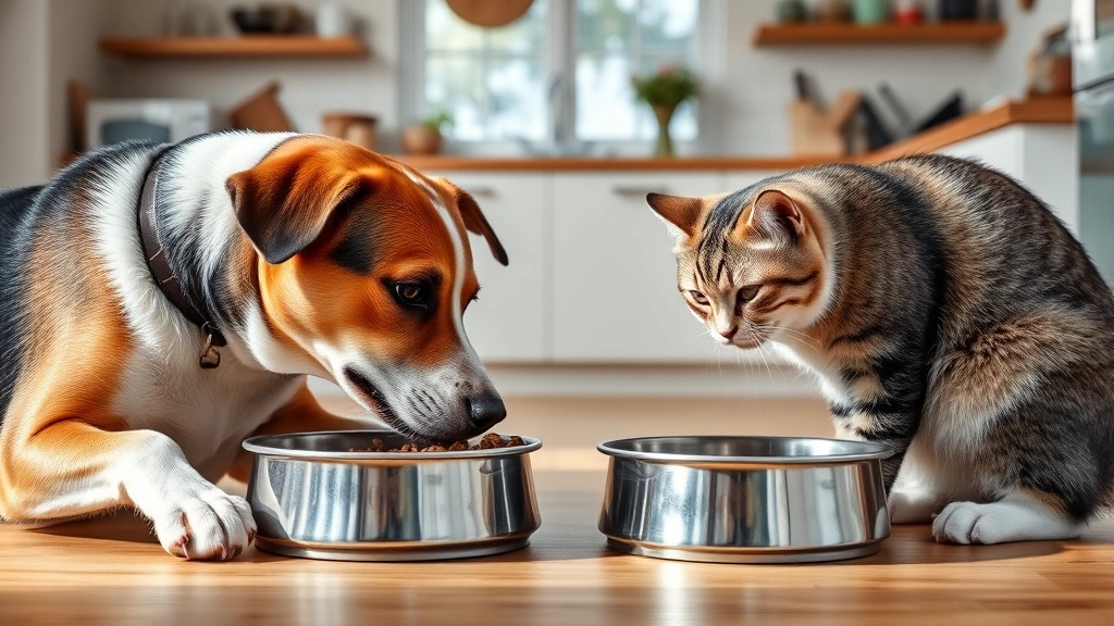 A dog and cat eating from separate food bowls in different areas of a bright kitchen, demonstrating proper resource management and cohabitation