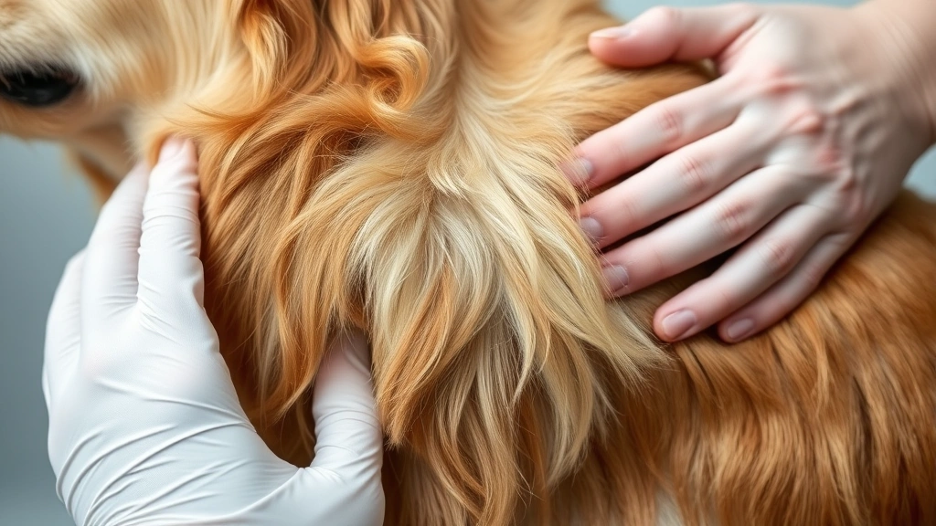 Close-up view of a golden retriever's coat showing healthy, shiny fur with a veterinarian's hands gently examining the dog's skin and neck area