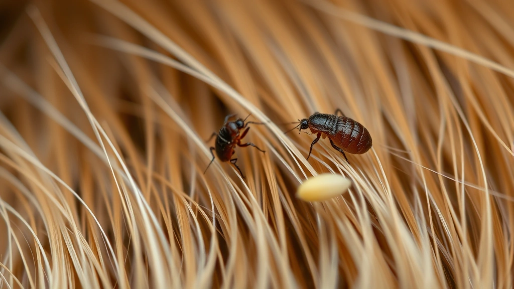 Macro photography of parasites on pet fur showing lice and nits in detail against a blurred background of dog or cat hair strands