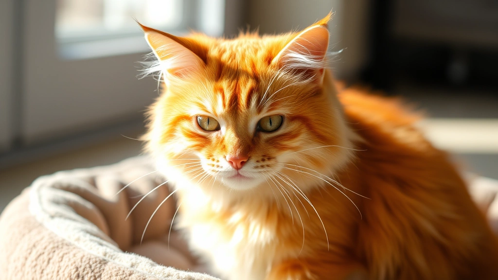A fluffy orange tabby cat scratching behind its ear with a concerned expression, sitting on a comfortable pet bed in natural daylight