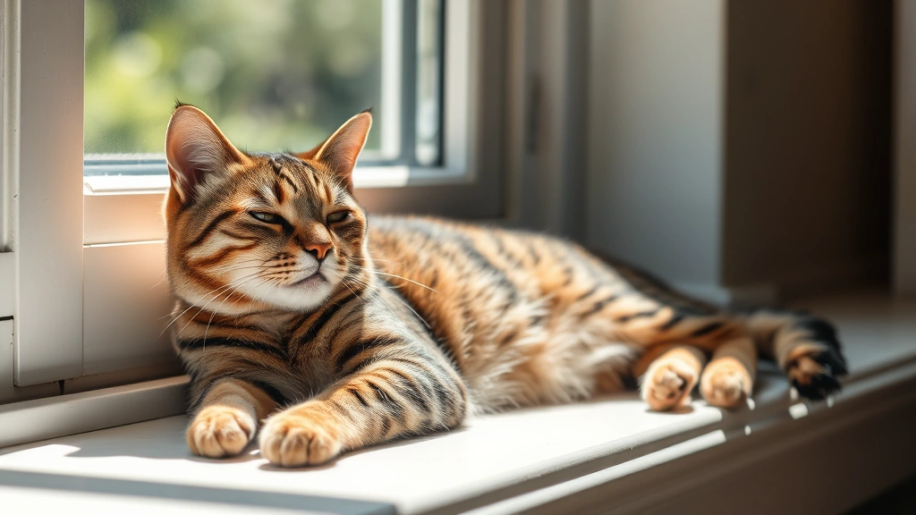 A relaxed tabby cat lounging on a sunny windowsill, looking peaceful and content in natural light