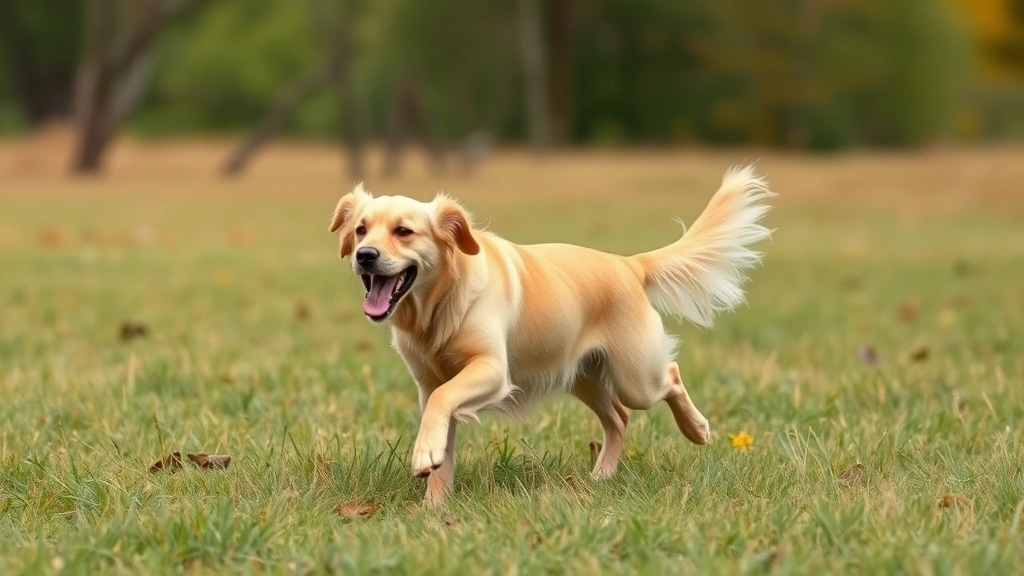 A playful golden retriever running through a grassy field with trees in background, full of energy