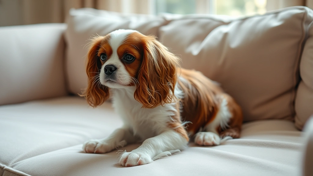 A fluffy Cavalier King Charles Spaniel sitting on a light-colored couch with visible dog hair on the fabric, soft natural lighting from a window, showing the reality of shedding