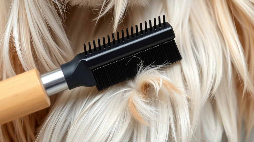 Close-up of a slicker brush and undercoat rake removing loose hair from a Cavalier's silky coat, demonstrating proper grooming technique with visible loose fur in the brush