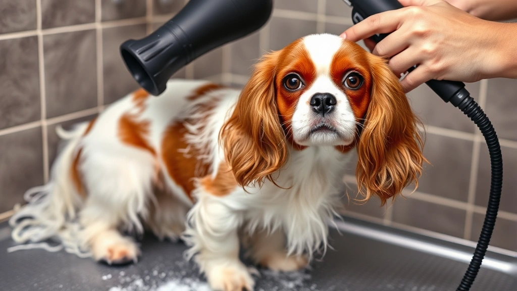 A Cavalier King Charles Spaniel being dried with a professional high-velocity dryer after a bath, with loose hair visible around the grooming area, showing effective shedding management