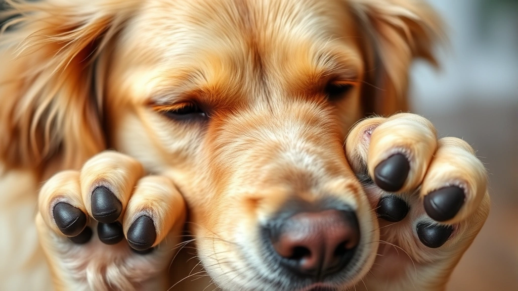 Close-up of a golden retriever's face and ears with visible scratching behavior, dog looking uncomfortable and itchy with paws near face