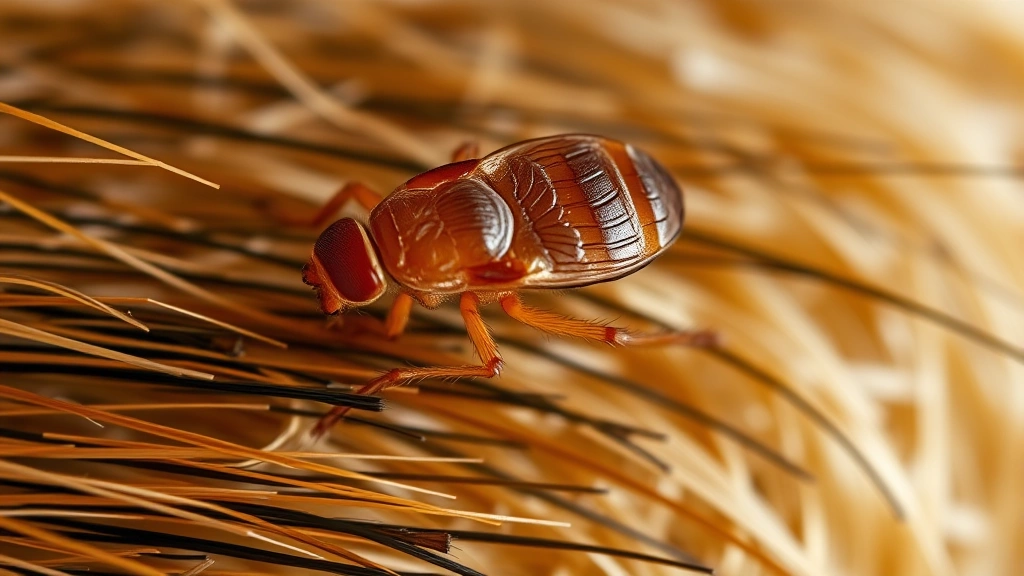 Microscopic view of adult flea on dog fur, showing detailed flea anatomy on brown and black dog hair strands