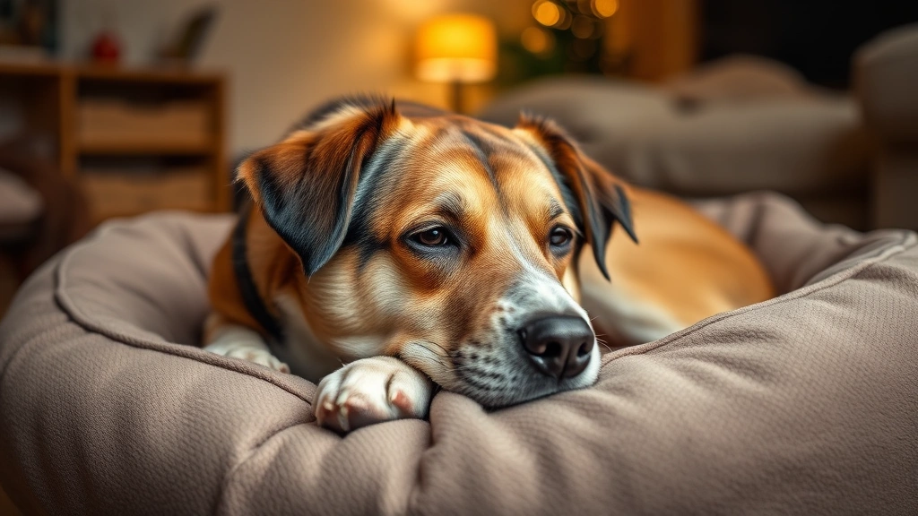 Senior dog lying on comfortable dog bed indoors, peaceful expression, warm ambient lighting, cozy home environment