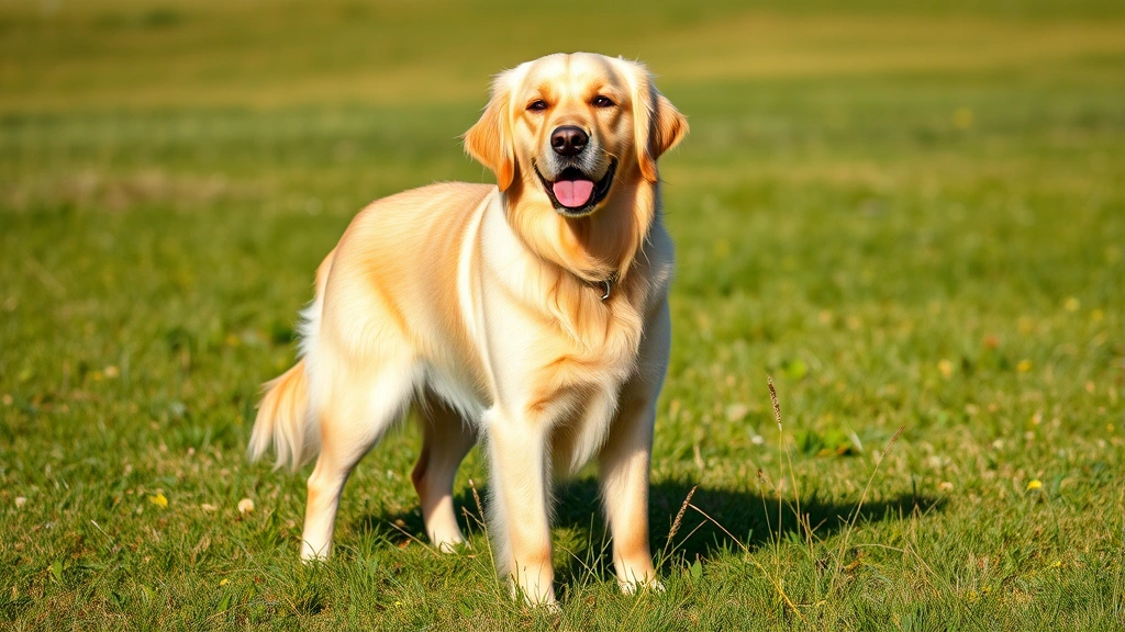 Golden Retriever male dog standing in grassy field with alert, healthy expression, clear daylight photography