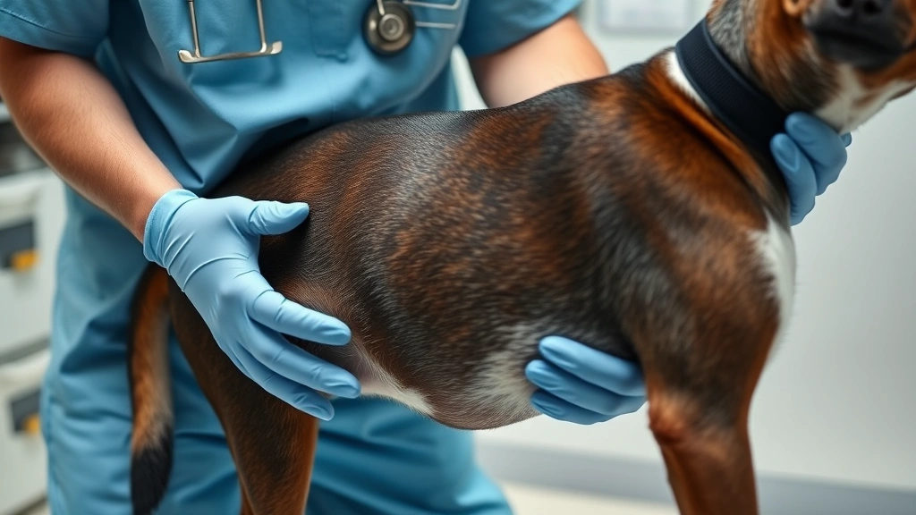 Veterinarian examining a dog's abdomen during routine checkup, clinical setting with professional care shown