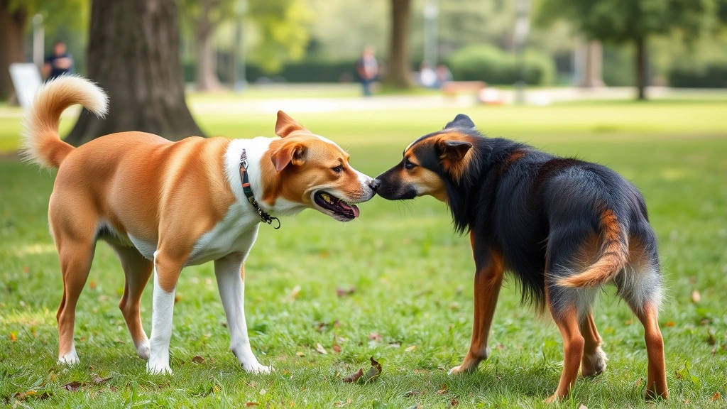 Two dogs interacting naturally in a park setting, showing normal canine social behavior and body language