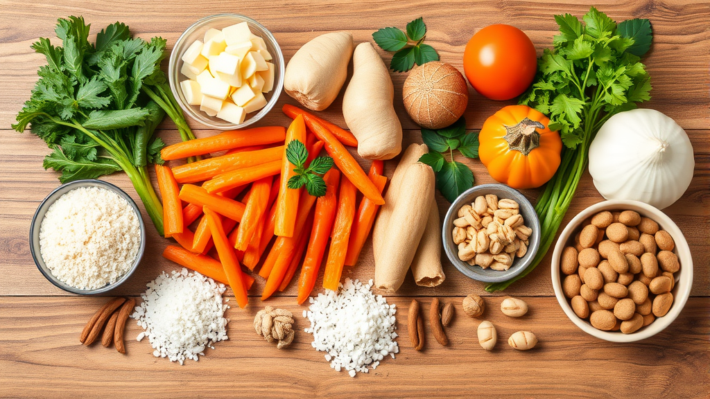 Various healthy dog food ingredients arranged on wooden surface, no text, no words, no letters