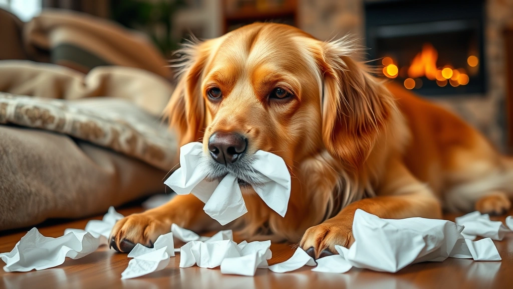 Golden retriever sneezing with tissues scattered around, cozy home setting with warm lighting, dog looking slightly uncomfortable but alert