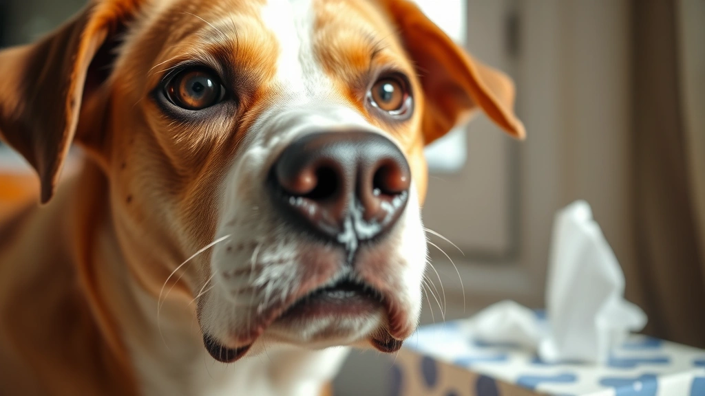 Close-up of dog's face showing nasal discharge and watery eyes, sad expression, soft natural daylight through window, tissue box nearby