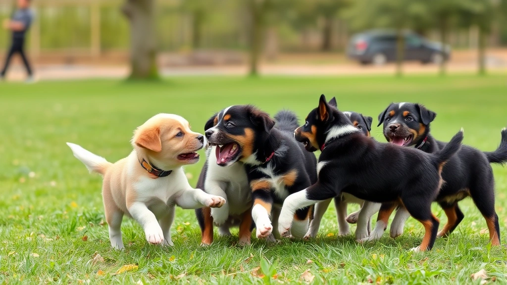 Group of puppies playing together in outdoor dog park during spring, healthy energetic dogs interacting, green grass and trees in background