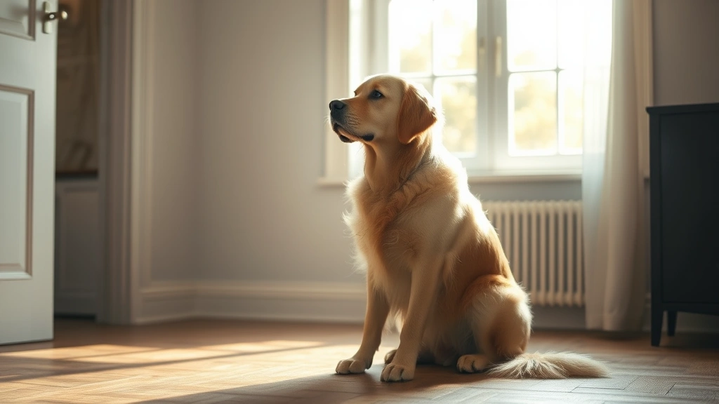 Golden Retriever sitting alone in a quiet room, looking contemplative, sunlight streaming through window, peaceful indoor setting