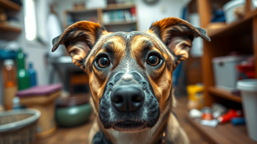 Anxious-looking mixed breed dog in a busy environment with multiple stimuli, overwhelmed expression, household setting with various objects